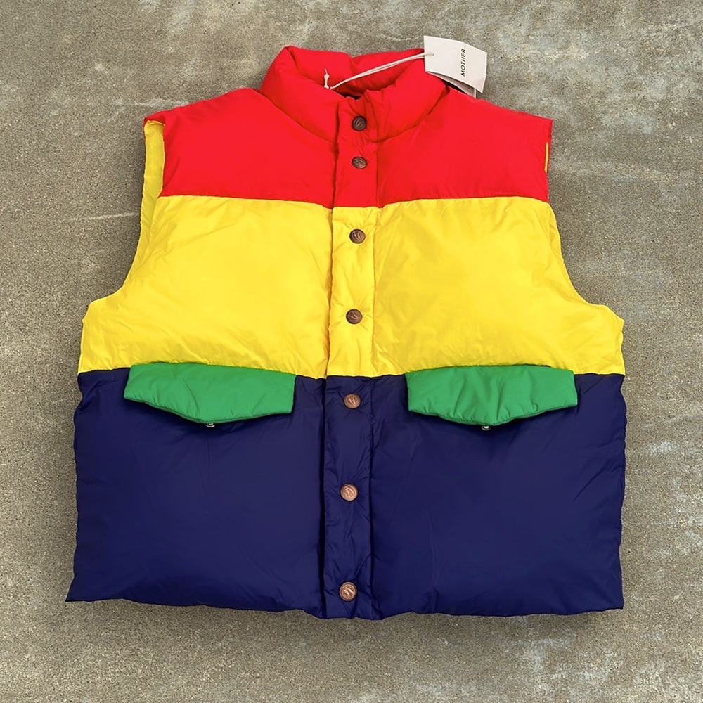 NWT Mother The Pillow Talk Tri Color Puffer Vest in Building Block